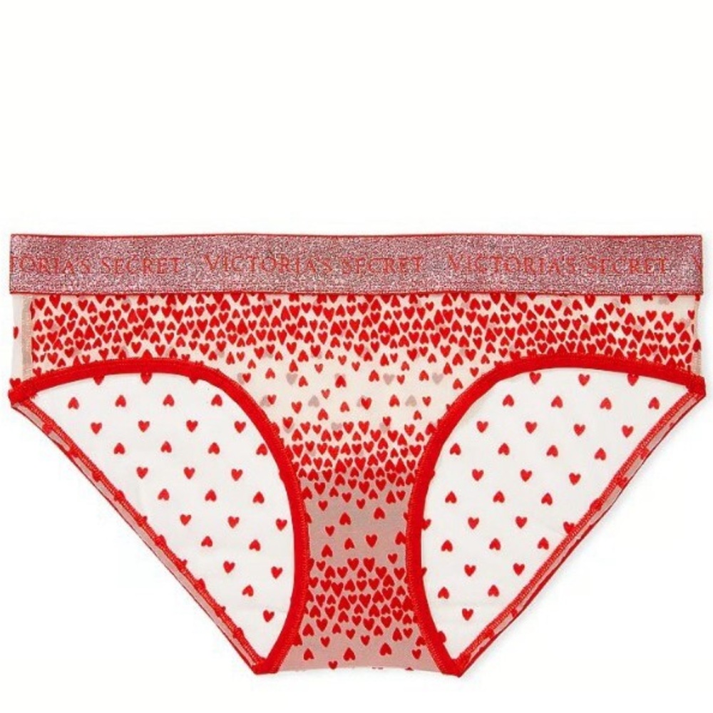 Victoria’s Secret Shimmer Logo WaistBand Red Heart Sheer Back Panties VS Large L - Picture 2 of 6